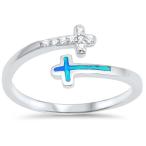 Clear CZ Blue Simulated Opal Open Cross Ring New .925 Sterling Silver