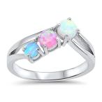 Triple Blue White Pink Simulated Opal Ring New .925 Sterling Silver Ba