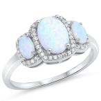 Clear CZ Oval White Simulated Opal Halo Ring New .925 Sterling Silver