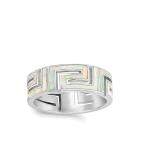 White Simulated Opal Greek Key Wide Wedding Ring .925 Sterling Silver