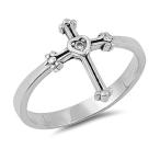 Solitaire Clear CZ Heart Cross Ring Sterling Silver Christian Band Siz