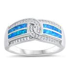 White CZ Blue Simulated Opal Line Knot Ring New .925 Sterling Silver B