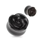 Black Agate Stone Rose Carved on Single Side Double Flared Plugs - Sol