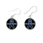 Colon Cancer Awareness Blue Ribbon Circle Silver Wire Earrings Jewelry