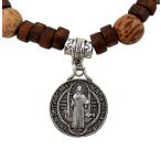 Wooden Stretch Rosary Bracelet with Silver Toned Saint Benedict Medal,