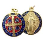 Gold Tone Red and Blue Enamel Saint Benedict Medal Pendant, 1 1/4 Inch