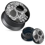 Floral Skull Print Black Acrylic Flat Screw Fit Plugs - Sold as Pairs