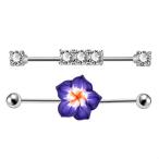 OUFER 2 PCS 14G Stainless Steel Industrial Barbell Clear Big CZ Flower
