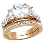 FlameReflection Rose Gold IP Women Wedding Ring Set Three Stone Stainl