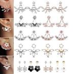 12 Pairs Fashion Silver Plated Leaf Feather Flower Crystal Ear Jacket