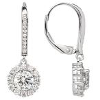 14K Solid White Gold Leverback Earrings | Round"Halo" Cubic Zirconia |