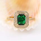 GULICX Green Emerald-Color Square Crystal CZ Wedding Ring in Gold Tone