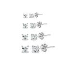 4 Pair Set Sterling Silver Cubic Zirconia Princess-Cut Square Stud Ear