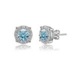 Sterling Silver 5mm Round Light Blue Halo Stud Earrings created with S
