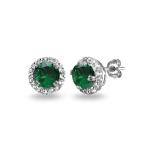 Sterling Silver Simulated Emerald &amp; White Topaz Round Halo Stud Earrin