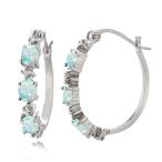 Sterling Silver Created White Opal &amp; Diamond Accent Oval Hoop Earrings