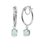 Sterling Silver Round Hoop Earrings with Dangling Simulated White Opal