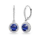 Sterling Silver Created Blue Sapphire Round Dangle Halo Leverback Earr