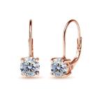 Rose Gold Flashed Sterling Silver Clear Round-cut Leverback Earrings M