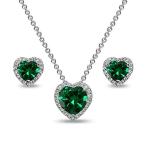 Sterling Silver Simulated Emerald and CZ Halo Heart Pendant Necklace &amp;
