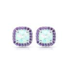 Sterling Silver Simulated White Opal and Amethyst Cushion-cut Halo Stu