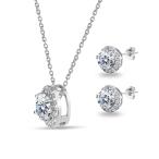 Sterling Silver Round Halo Stud Earrings &amp; Necklace Set Made with Swar