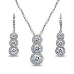 Sterling Silver Journey Halo 3-Stone Pendant Necklace &amp; Earrings Set f
