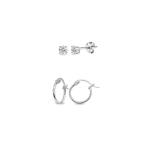 2 Pairs Sterling Silver Unisex 12mm Tiny Small Hoops and Round 3mm CZ