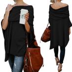 QuneusHot Black Off Shoulder Ruffle Batwing Jumper Irregular Hem Blous