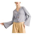 YEVITA Womens Button Down Bell Sleeve V-Neck Stretch Knit Long Sleeve