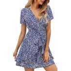 ECOWISH Women's V Neck Polka Dot Ruffles Mini Sexy Dress Short Sleeve