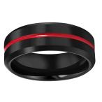 Crownal 8mm Thin Red Groove Black Brushed Tungsten Carbide Wedding Ban