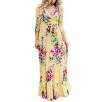 YUMDO Women's V Neck 3/4 Sleeve Floral Print Faux Wrap Long Maxi Dress