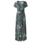 Kranda Womens Summer Vintage Floral Print Short Sleeve Maxi Long Dress