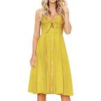 FANCYINN Womens Yellow Tie Front Button Down Spaghetti Strap Midi Dres