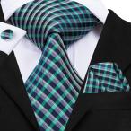 Hi-Tie Men Green Checks Tie Pocket Square and Cufflinks Necktie Set We