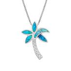 Sterling Silver Palm Tree CZ Necklace Pendant with Simulated Blue Opal