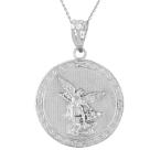 Sterling Silver Saint Michael The Archangel CZ Round Medal Necklace (1