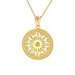 Textured 14k Yellow Gold Openwork Round Flaming Sun Pendant Necklace,