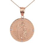 Solid 10k Rose Gold Saint Christopher Diamond Round Medal Charm Neckla