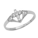 Unique Sterling Silver CZ Studded Open Heart Cross Ring (Size 4)