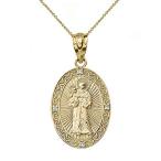 Solid 14k Gold Saint Anthony Religious Oval Medal Necklace with Diamon