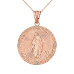 14k Rose Gold Blessed Virgin Mary Miraculous Round Medal Diamond Neckl
