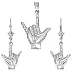 I Love You Hand Sign Language Charm Pendant and Earring Set in Sterlin