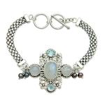 NOVICA Cultured Peacock Pearl and Moonstone .925 Sterling Silver Brace