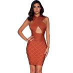 Womens Burnt Brown Crossover Rayon Bodycon Bandage Dress,Brown,Small