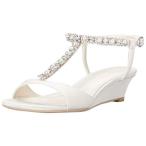 Low Wedge Crystal and Pearl T-Strap Sandals Style Payton, Ivory, 7