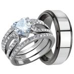 4 Piece His &amp; Hers, Women's Stainless Steel Heart Cut Cubic Zirconia 1