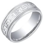 Mens Sterling Silver Greek Key Wedding Ring Band in Brushed Matte Milg