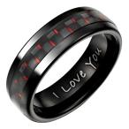 "I Love You " Red &amp; Black Carbon Fiber Tungsten Engraved Unisex Weddin